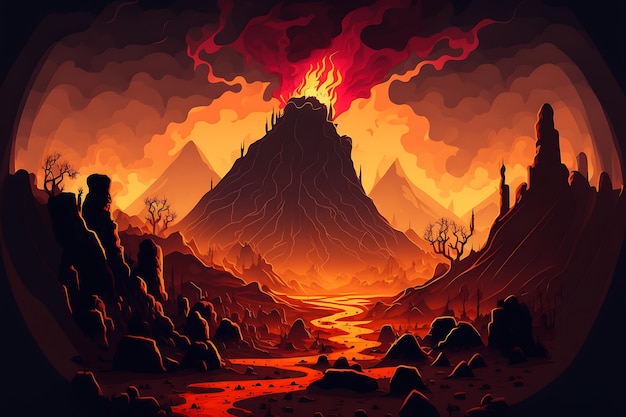 Fiery Red Volcano in Hellish Landscape