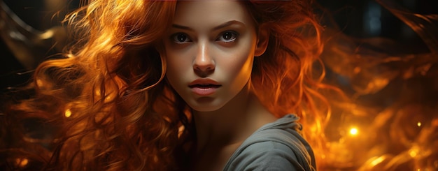 幻想的な輝きと魅惑的な火花の中にある燃えるような赤毛