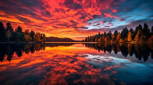 Fiery Reflections A Stunning Arafed Sky Over a Serene Lake Generativeai