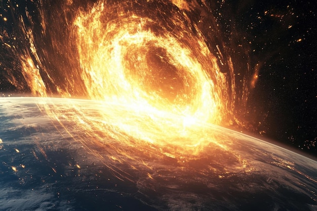a fiery ring of energy swirls above the planet casting a radiant glow on its surface