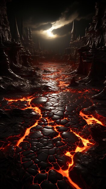 Photo a fiery river of lava flowing through a barren landscape