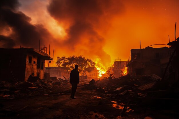 Fiery skies glare over smoldering ruins baring Gazas fiery conflict aftermath