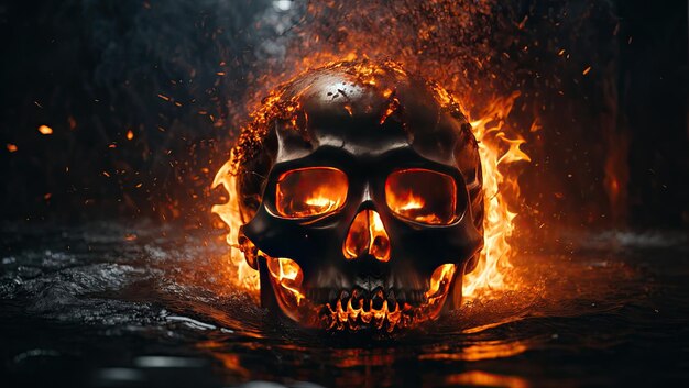 Foto fiery skull digitale weergave op zwarte achtergrond