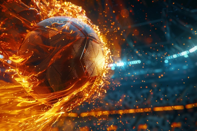 Photo fiery soccer ball go fast at the football stadium generative ai