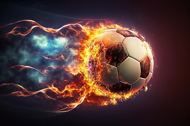 Foto pallone da calcio ardente in porta con rete in fiamme