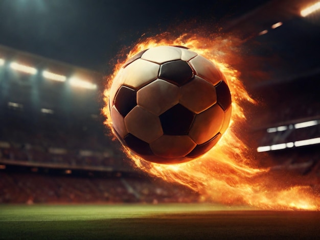 炎のサッカーボールがスタジアムフィールドに向かってスピードを上げます
