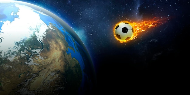 速度で破裂する燃えるようなサッカー ボールが惑星地球に衝突する