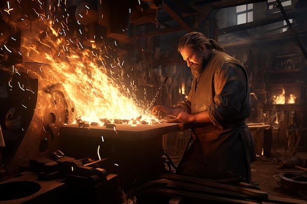 Fiery sparks rising from a blacksmiths forge highl 00345 00