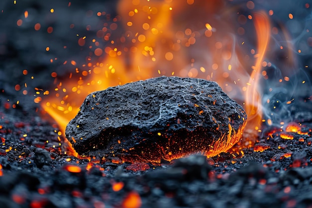 Foto sparche di fuoco circondano una roccia nera robusta in una scena dinamica