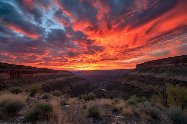 Fiery sunset over canyon with clouds and sky in the background created with generative ai