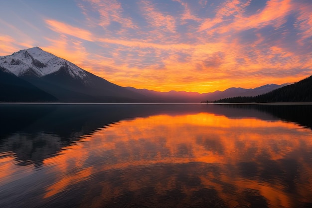 a fiery sunset over lake