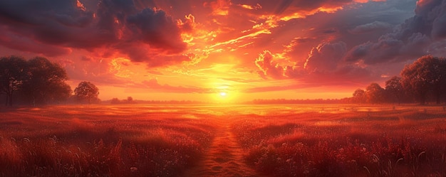 A Fiery Sunset Over Quiet Countryside Lane Wallpaper