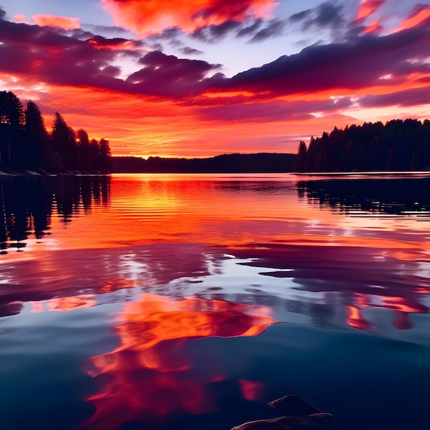 Foto un tramonto di fuoco riflesso in un lago calmo