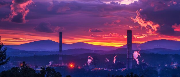 Fiery Sunset Silhouettes Smokestacks in Dramatic Backdrop