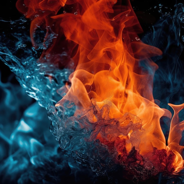 Photo fiery tones of the flames juxtaposed with the cool blue hues of the ice generative ai