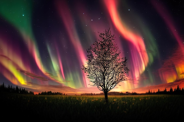 Fiery tree in the middle of a field with bright grass northern lights realistic