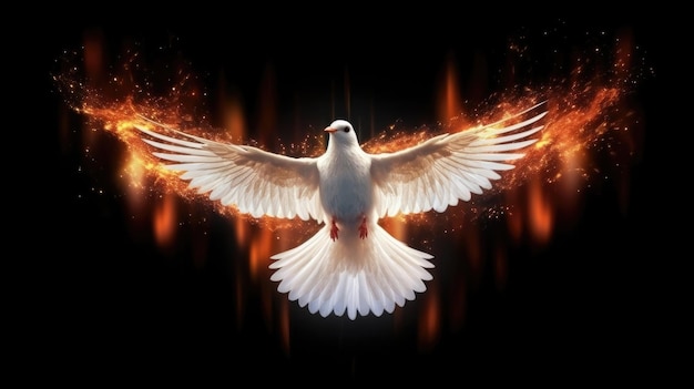 A fiery white dove on dark background symbolizes peace spirituality Generative AI