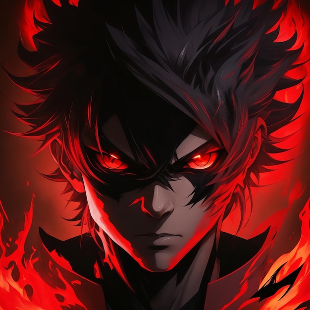 Fieryeyed anime male with red shadow and blazing background Generative AI