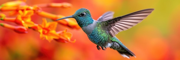 FieryThroated Hummingbird Midflight naar Oranje Crocosmia Bloemen