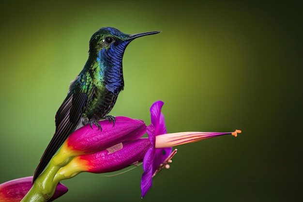 Foto colibrì dalla gola ardente che si appollaia su un'orchidea esotica creata con l'ia generativa