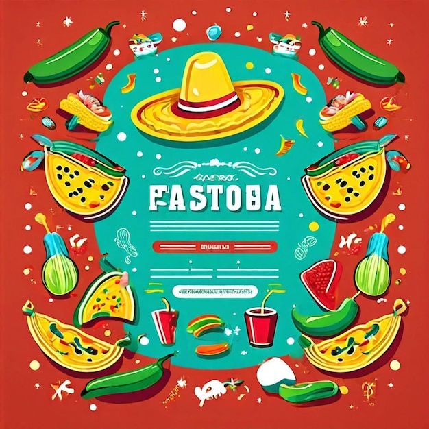 fiesta party flyer with mexican symbols sombrero mustaches maracas with tacos jalapeno pepper cartoo