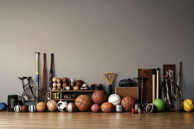 Fiets, basketbal, basketbal en andere sportapparatuur in loftinterieur