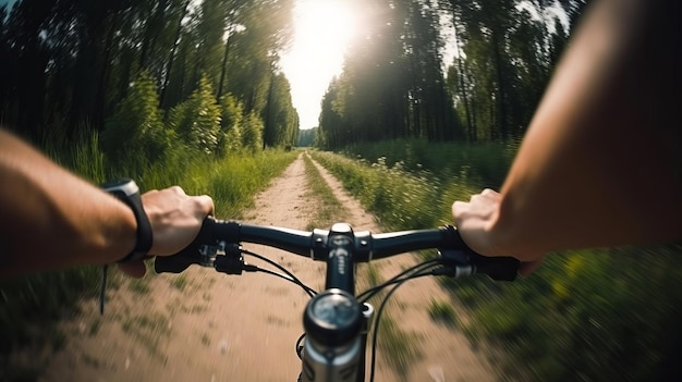 Fiets fietsen en beweging obscuur met een sporter die het stuur vasthoudt lijkt een afkeer te hebben van de realiteit dat open rijden zie close-up pov Creatieve bron AI gegenereerd