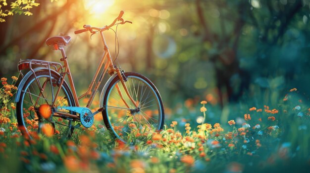 Fiets geparkeerd in een veld van bloemen