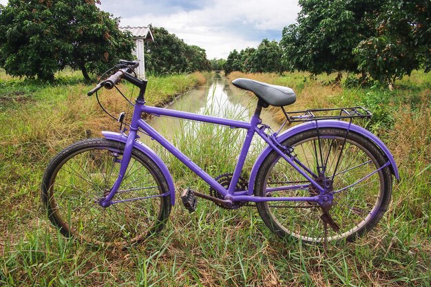Fiets geparkeerd op het veld tegen de lucht