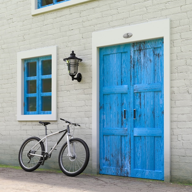 Fiets geparkeerd voor Retro Vintage European House Building, Narrow Street Scene extreme close-up. 3D-rendering