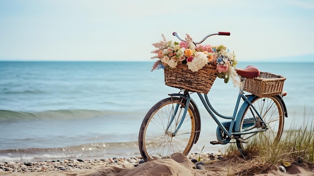 Fiets met een gele bloemenmand naast de zee