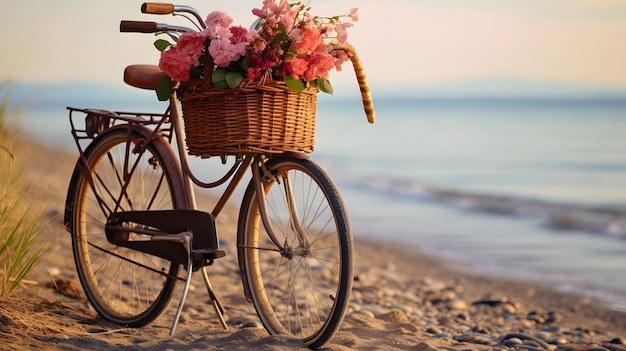 Fiets met een gele bloemenmand naast de zee