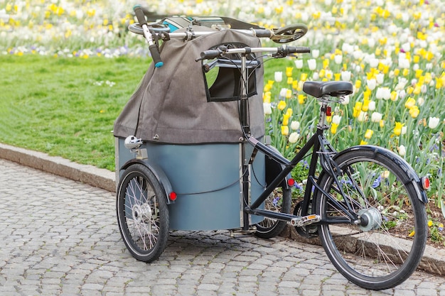 Fiets met kinderfietskar op bloemenachtergrond Familiefietsweekend