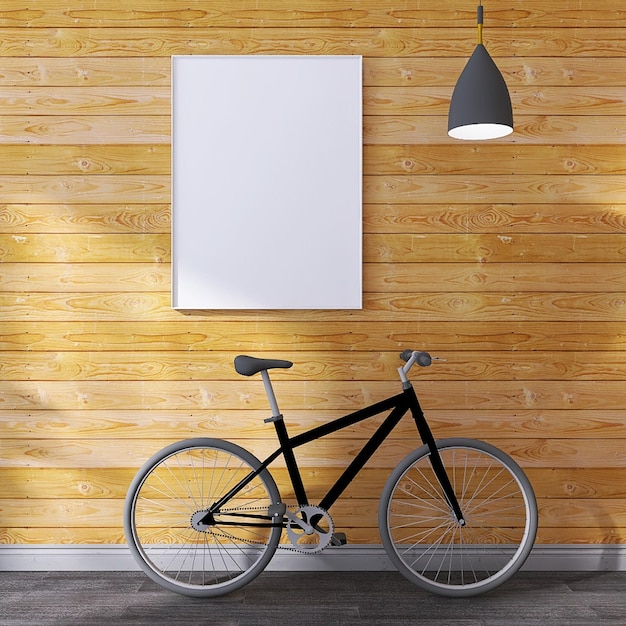 Fiets met lege posterframe mockup spotlight houten achtergrond houten vloer