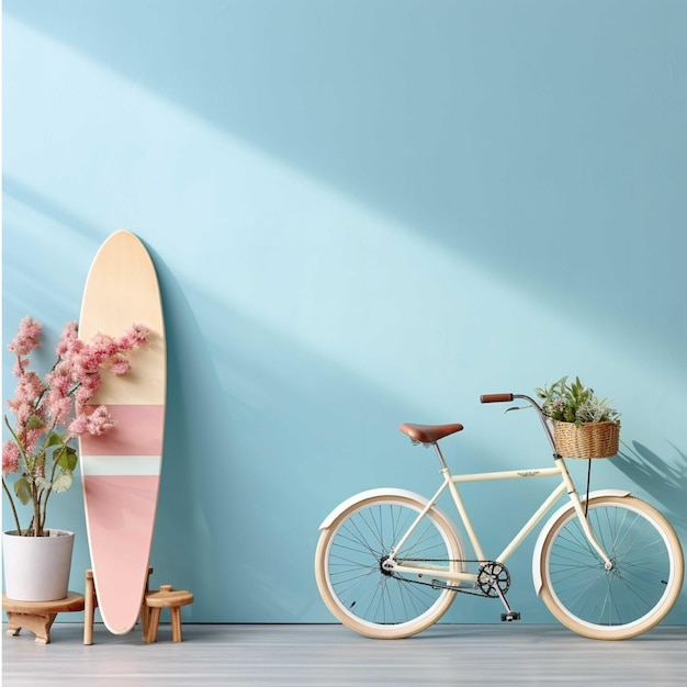 Fiets met surfplank op blauwe muur 3d achtergrond geeft terug