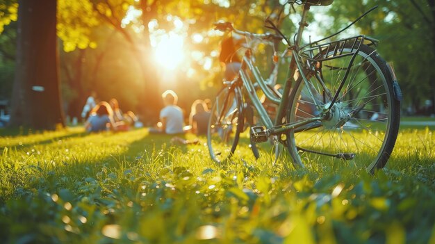 Foto fiets op groen gras in het park mensen ontspannen gelukkige familie geniet samen van tijd buiten saamhorigheid liefde geluk concept