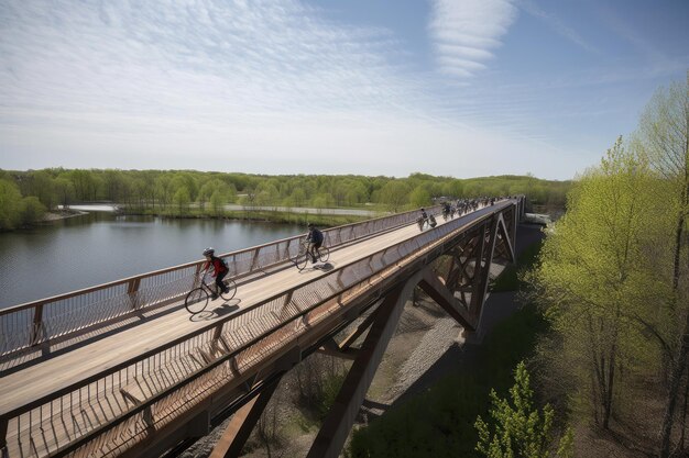 Fietsbrug over de rivier met fietsers die trappen langs het pad dat is gemaakt met generatieve ai