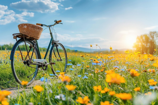 fietsen door het platteland met bloemen in de fietsmand professionele fotografie