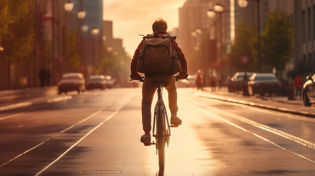 fietser die's avonds op de stadsweg op de fiets rijdt