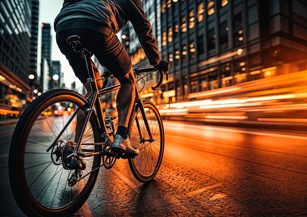 Fietser die's nachts op een fiets in de stad rijdt