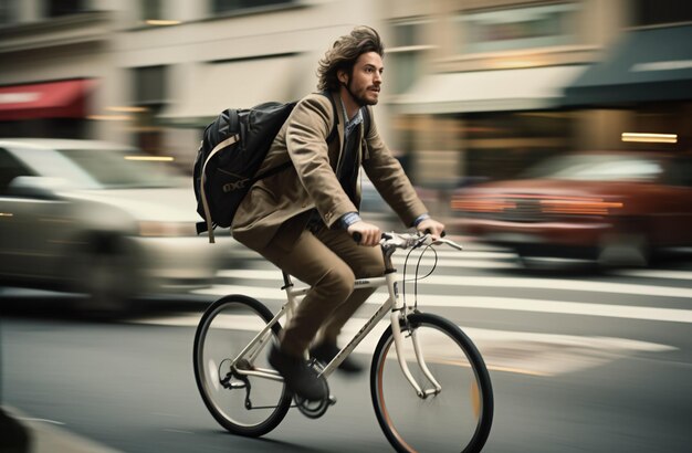Foto fietser in het verkeer op de stadsweg beweging vage persoon op een fiets