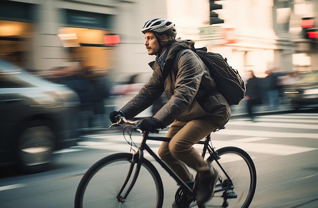 Foto fietser in het verkeer op de stadsweg beweging vage persoon op een fiets