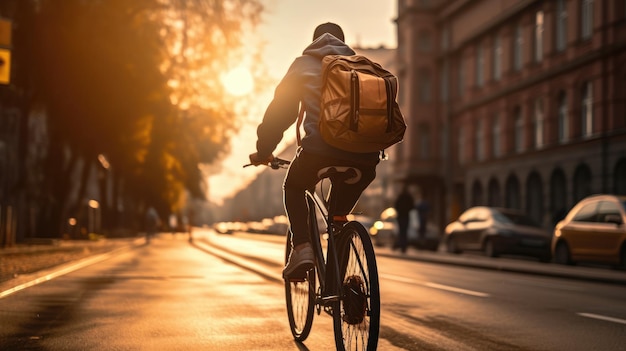 fietser met rugzak die door een stadsstraat rijdt