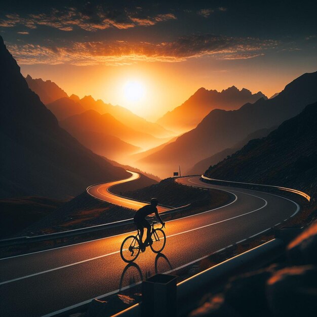 fietser op de weg bij zonsondergang