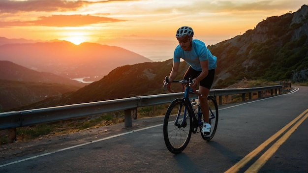 Fietser op een fiets bij zonsondergang op een bergweg