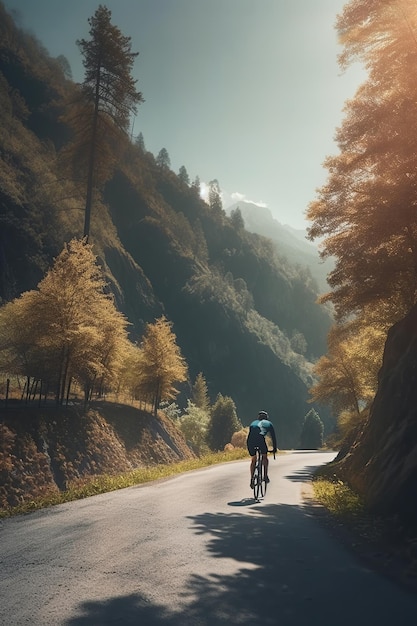 Fietser solo reizen in een prachtige bergweg zonsondergang