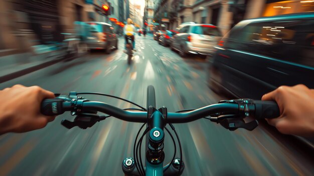 Foto fietsers rijden snel door de straten van de stad met auto's in de achtergrond