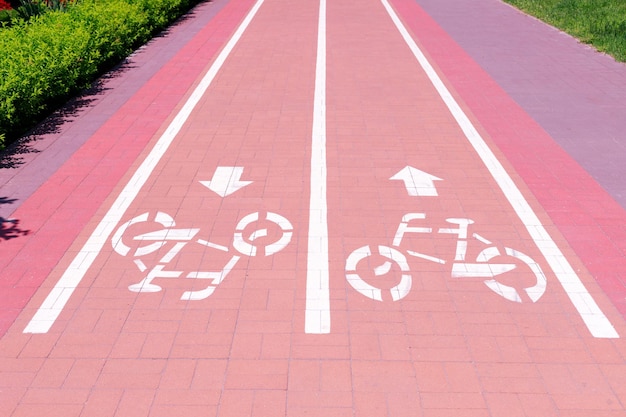 Fietspadlijnen in het park voor fietsers verkeersregels close-up