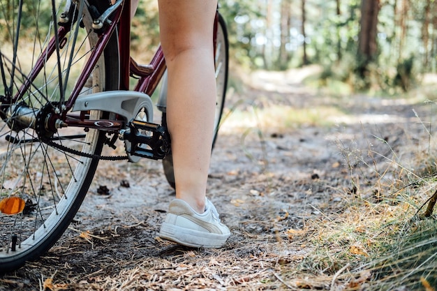 Fietstoerisme weg fietspaden fietsen te huur alleenstaande vrouw fiets in dennenbos in