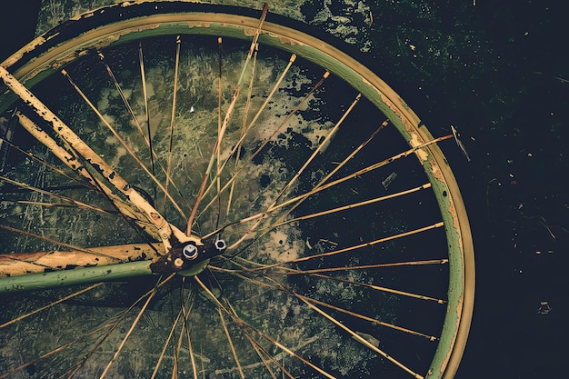 Foto fietswielen fietsbanden spaken en velgen fietsonderdelen op een zwarte achtergrond close-up